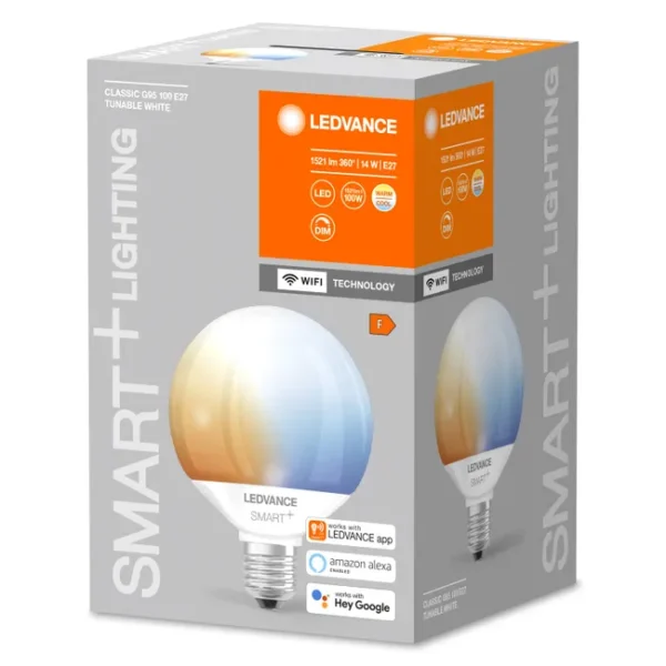 LEDVANCE Lampe LED intelligente avec Wifi, Culot E27, Gradable, Couleur de la lumière modifiable (2700-6500K), Forme Globe, Mat, Remplacement des
